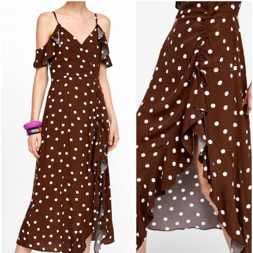 ZARA Polka Dot Midi Frill Dress NWT S